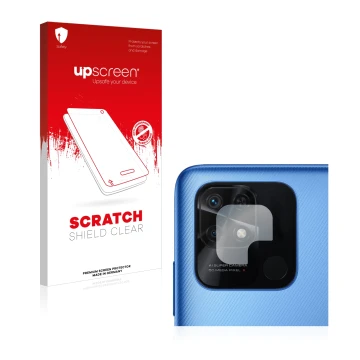 Parte frontal de un envase de producto con el logotipo de la marca upscreen. Al lado se muestra el dispositivo Xiaomi Redmi 10