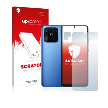 Parte frontal de un envase de producto con el logotipo de la marca upscreen. Al lado se muestra el dispositivo Xiaomi Redmi 10