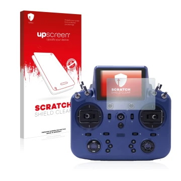 Parte frontal de un envase de producto con el logotipo de la marca upscreen. Al lado se muestra el dispositivo FrSky Tandem X1