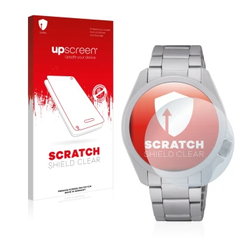 Parte frontal de un envase de producto con el logotipo de la marca upscreen. Al lado se muestra el dispositivo Seiko 5 Sports 