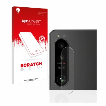 Parte frontal de un envase de producto con el logotipo de la marca upscreen. Al lado se muestra el dispositivo Sony Xperia 1 I