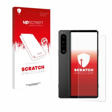 Parte frontal de un envase de producto con el logotipo de la marca upscreen. Al lado se muestra el dispositivo Sony Xperia 1 I