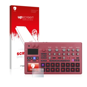 Parte frontal de un envase de producto con el logotipo de la marca upscreen. Al lado se muestra el dispositivo KORG electribe 
