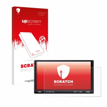 Parte frontal de un envase de producto con el logotipo de la marca upscreen. Al lado se muestra el dispositivo Sony XAV-AX5650