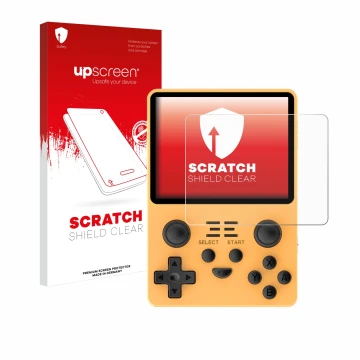 Parte frontal de un envase de producto con el logotipo de la marca upscreen. Al lado se muestra el dispositivo Powkiddy RGB20S