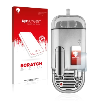 Parte frontal de un envase de producto con el logotipo de la marca upscreen. Al lado se muestra el dispositivo Sage Nespresso 