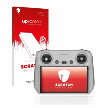 Parte frontal de un envase de producto con el logotipo de la marca upscreen. Al lado se muestra el dispositivo DJI RC Controll