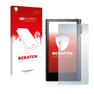Parte frontal de un envase de producto con el logotipo de la marca upscreen. Al lado se muestra el dispositivo Astell&Kern Kan