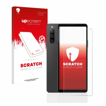Parte frontal de un envase de producto con el logotipo de la marca upscreen. Al lado se muestra el dispositivo Sony Xperia 10 