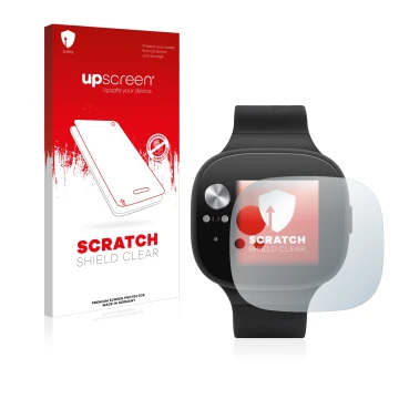 Parte frontal de un envase de producto con el logotipo de la marca upscreen. Al lado se muestra el dispositivo ASUS Vivowatch 