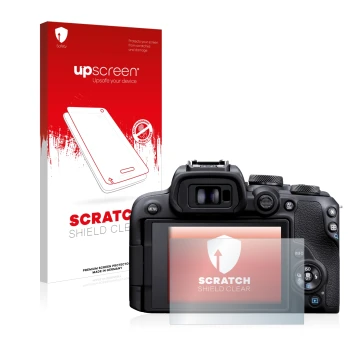 Parte frontal de un envase de producto con el logotipo de la marca upscreen. Al lado se muestra el dispositivo Canon EOS R10 c