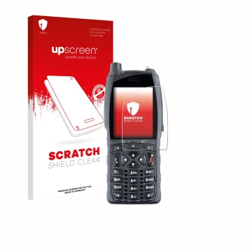 Parte frontal de un envase de producto con el logotipo de la marca upscreen. Al lado se muestra el dispositivo Sepura SC20 con