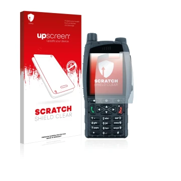 Parte frontal de un envase de producto con el logotipo de la marca upscreen. Al lado se muestra el dispositivo Sepura SC21 con