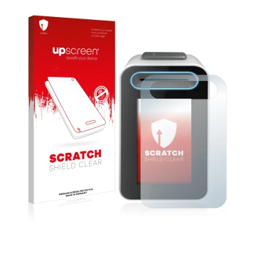 Parte frontal de un envase de producto con el logotipo de la marca upscreen. Al lado se muestra el dispositivo Cherry eHealth 