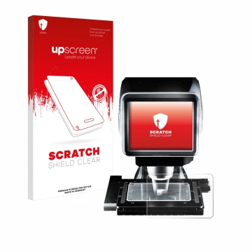 Parte frontal de un envase de producto con el logotipo de la marca upscreen. Al lado se muestra el dispositivo Keyence LM-1100