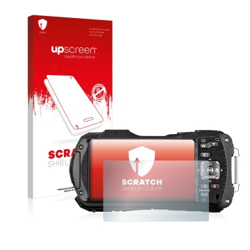Parte frontal de un envase de producto con el logotipo de la marca upscreen. Al lado se muestra el dispositivo Ricoh WG-80 con