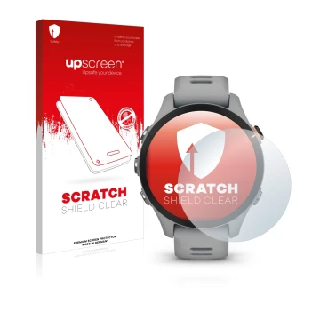 Parte frontal de un envase de producto con el logotipo de la marca upscreen. Al lado se muestra el dispositivo Garmin Forerunn