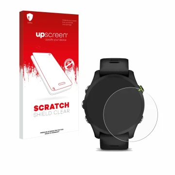 Parte frontal de un envase de producto con el logotipo de la marca upscreen. Al lado se muestra el dispositivo Garmin Forerunn
