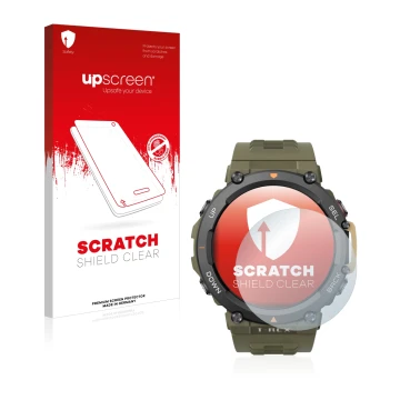 Parte frontal de un envase de producto con el logotipo de la marca upscreen. Al lado se muestra el dispositivo Huami Amazfit T