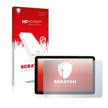 Parte frontal de un envase de producto con el logotipo de la marca upscreen. Al lado se muestra el dispositivo MEDION Lifetab 