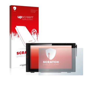 Parte frontal de un envase de producto con el logotipo de la marca upscreen. Al lado se muestra el dispositivo XP-Pen Artist 2