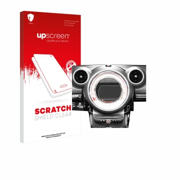 Parte frontal de un envase de producto con el logotipo de la marca upscreen. Al lado se muestra el dispositivo Mini Countryman