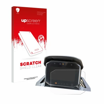Parte frontal de un envase de producto con el logotipo de la marca upscreen. Al lado se muestra el dispositivo Honda ADV350 4