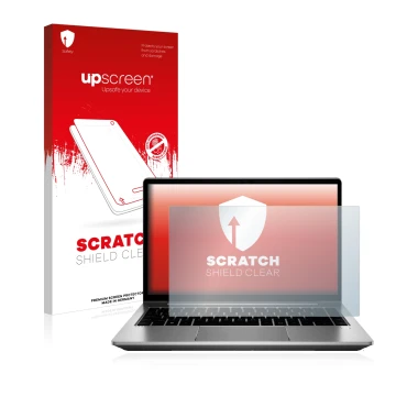 Parte frontal de un envase de producto con el logotipo de la marca upscreen. Al lado se muestra el dispositivo HP ProBook 640 