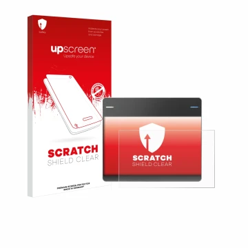 Parte frontal de un envase de producto con el logotipo de la marca upscreen. Al lado se muestra el dispositivo Wacom Intuos CT
