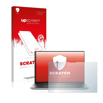 Parte frontal de un envase de producto con el logotipo de la marca upscreen. Al lado se muestra el dispositivo Dell XPS 15 951