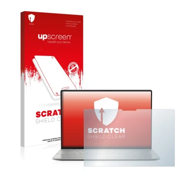 Parte frontal de un envase de producto con el logotipo de la marca upscreen. Al lado se muestra el dispositivo Dell XPS 13 Plu