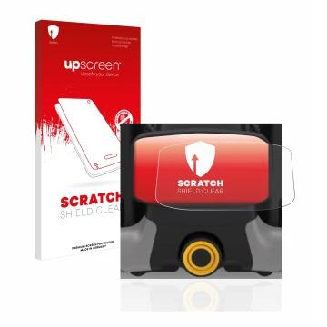 Parte frontal de un envase de producto con el logotipo de la marca upscreen. Al lado se muestra el dispositivo PowaKaddy CT8 c