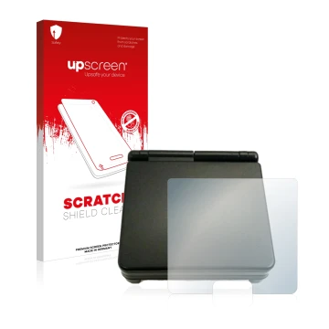 Parte frontal de un envase de producto con el logotipo de la marca upscreen. Al lado se muestra el dispositivo Nintendo Gamebo