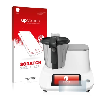 Parte frontal de un envase de producto con el logotipo de la marca upscreen. Al lado se muestra el dispositivo Moulinex Click&
