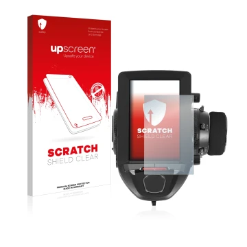 Parte frontal de un envase de producto con el logotipo de la marca upscreen. Al lado se muestra el dispositivo Futaba 7PXR con