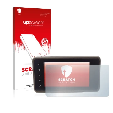 Parte frontal de un envase de producto con el logotipo de la marca upscreen. Al lado se muestra el dispositivo Dacia Duster 2 