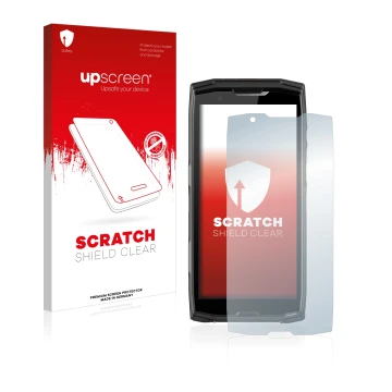 Parte frontal de un envase de producto con el logotipo de la marca upscreen. Al lado se muestra el dispositivo Crosscall Core-