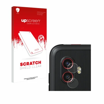 Parte frontal de un envase de producto con el logotipo de la marca upscreen. Al lado se muestra el dispositivo Samsung Galaxy 