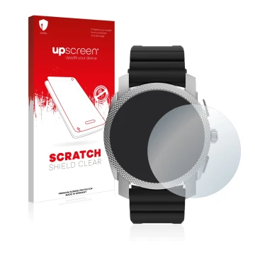 Parte frontal de un envase de producto con el logotipo de la marca upscreen. Al lado se muestra el dispositivo Fossil Gen 6 Hy