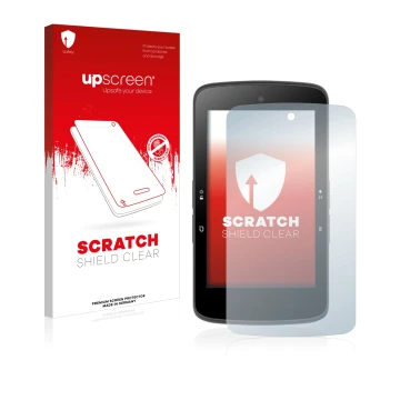Parte frontal de un envase de producto con el logotipo de la marca upscreen. Al lado se muestra el dispositivo Bryton Rider S8