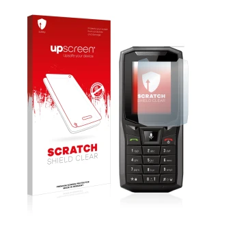 Parte frontal de un envase de producto con el logotipo de la marca upscreen. Al lado se muestra el dispositivo Crosscall Core-