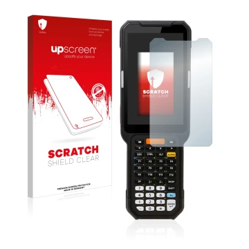 Parte frontal de un envase de producto con el logotipo de la marca upscreen. Al lado se muestra el dispositivo Point Mobile PM