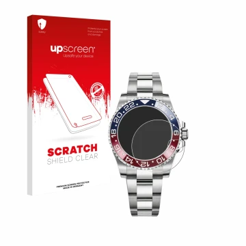 Parte frontal de un envase de producto con el logotipo de la marca upscreen. Al lado se muestra el dispositivo Rolex GMT-Maste