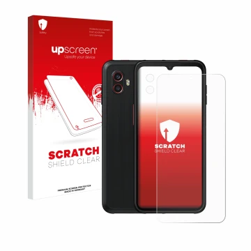 Parte frontal de un envase de producto con el logotipo de la marca upscreen. Al lado se muestra el dispositivo Samsung Galaxy 