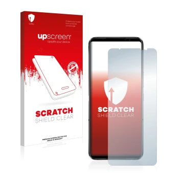 Parte frontal de un envase de producto con el logotipo de la marca upscreen. Al lado se muestra el dispositivo ASUS ROG Phone 