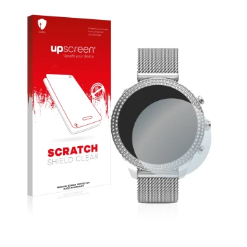 Parte frontal de un envase de producto con el logotipo de la marca upscreen. Al lado se muestra el dispositivo Fossil Stella (