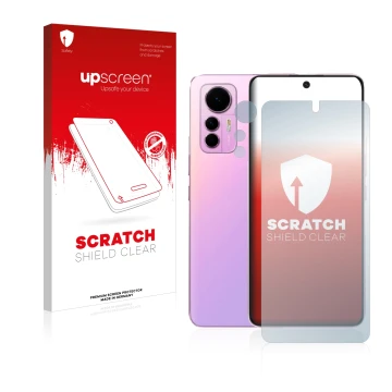 Parte frontal de un envase de producto con el logotipo de la marca upscreen. Al lado se muestra el dispositivo Xiaomi 12 Lite 