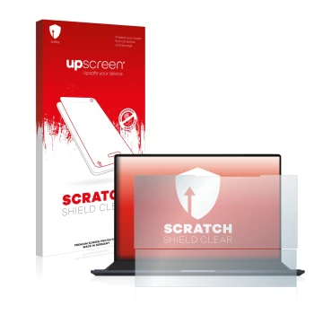 Parte frontal de un envase de producto con el logotipo de la marca upscreen. Al lado se muestra el dispositivo ASUS ZenBook Pr