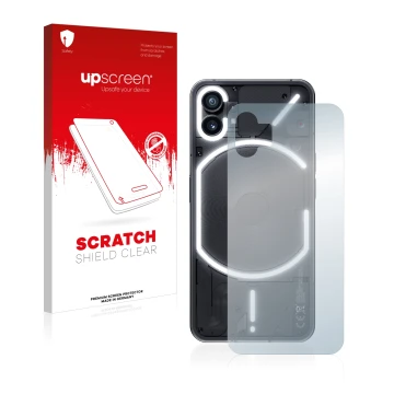 Parte frontal de un envase de producto con el logotipo de la marca upscreen. Al lado se muestra el dispositivo Nothing Phone (