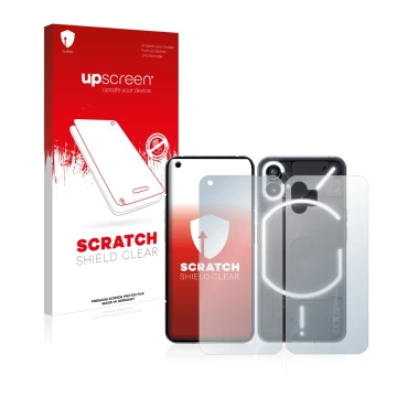 Parte frontal de un envase de producto con el logotipo de la marca upscreen. Al lado se muestra el dispositivo Nothing Phone (